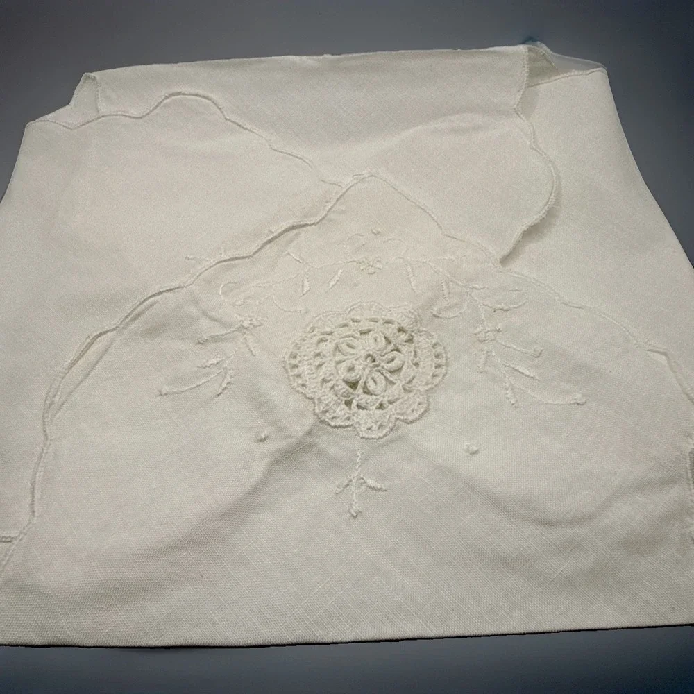 Vintage Hot Rolls Embroidered Linen Flowers White Breadbasket Liner 18x18